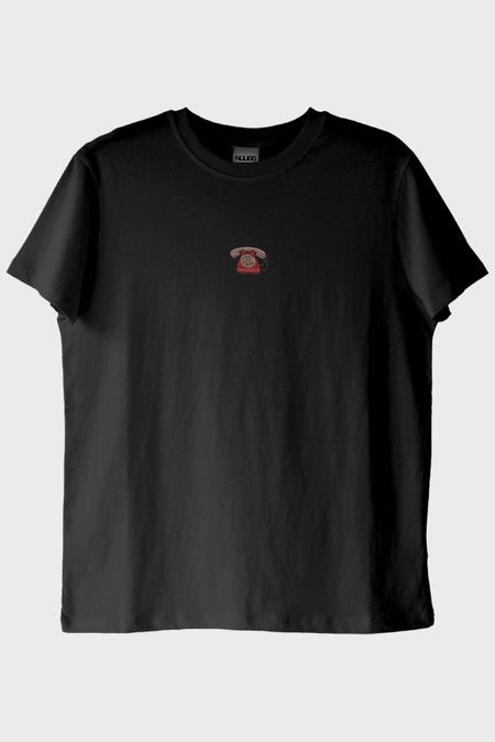 Çevirmeli Telefon Desenli Nakış Siyah T-Shirt
