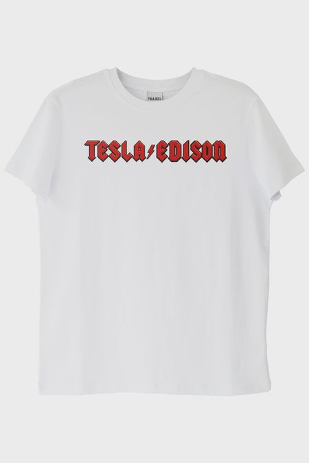TESLA/EDISON Yıldırım Baskılı Gotik Tasarım Beyaz Tişört