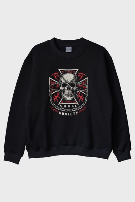 Skull Society Kafatası Tasarımlı Siyah Bisiklet Yaka Sweatshirt