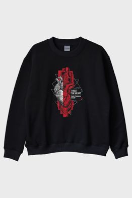 Trust The Heart Siyah Bisiklet Yaka Sweatshirt