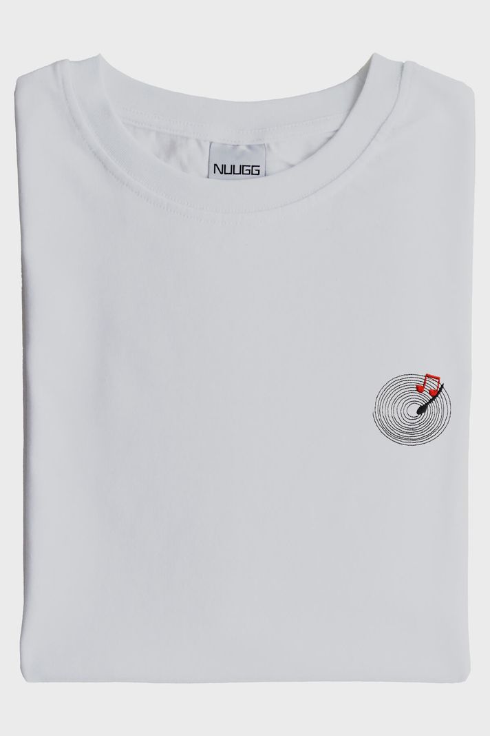 Plak Desenli Nakış Müzik T-Shirt