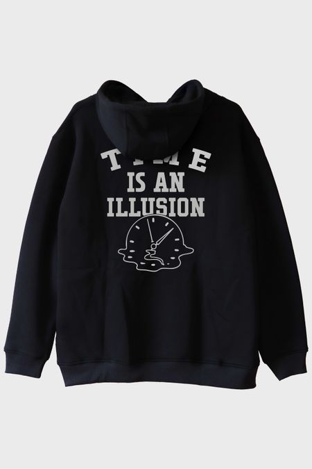 Time is an Illusion Baskılı Minimalist Siyah Hoodie