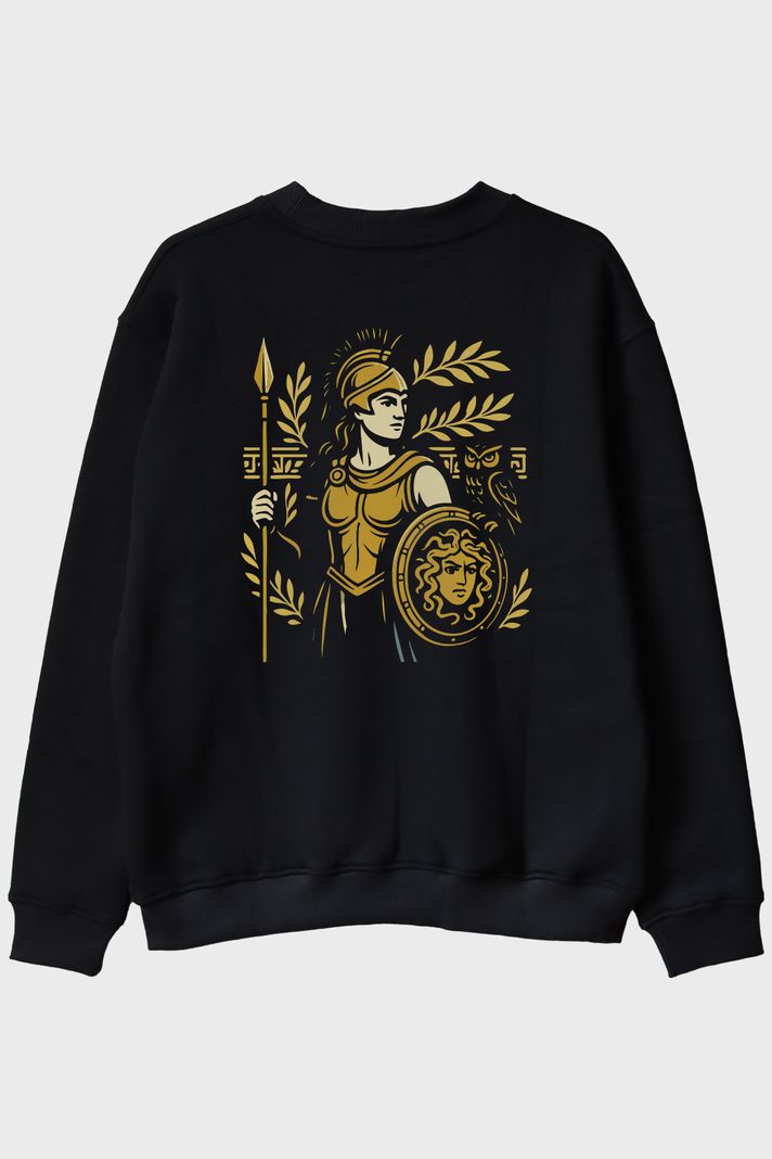 Athena Figürlü Siyah Bisiklet Yaka Sweatshirt