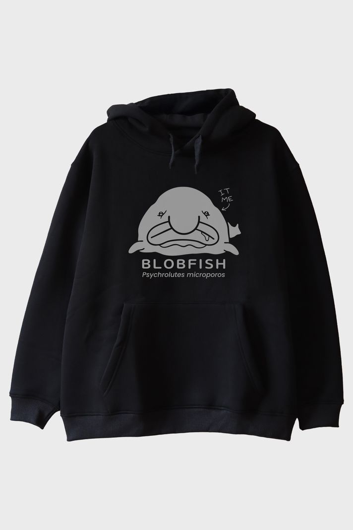 IT ME Baskılı Blobfish Tasarım Siyah Hoodie