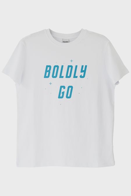 Boldly Go Baskılı Uzay Temalı Beyaz Tişört