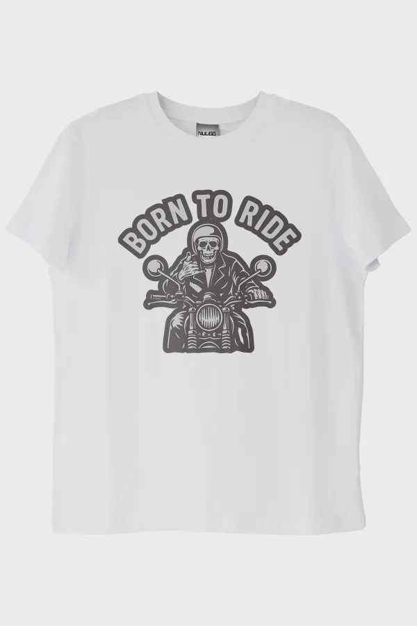 BORN TO RIDE Motosiklet Temalı Baskılı Beyaz Tişört