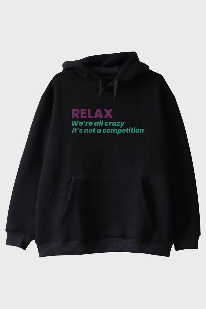 RELAX Mesajlı Minimal Baskılı Siyah Hoodie
