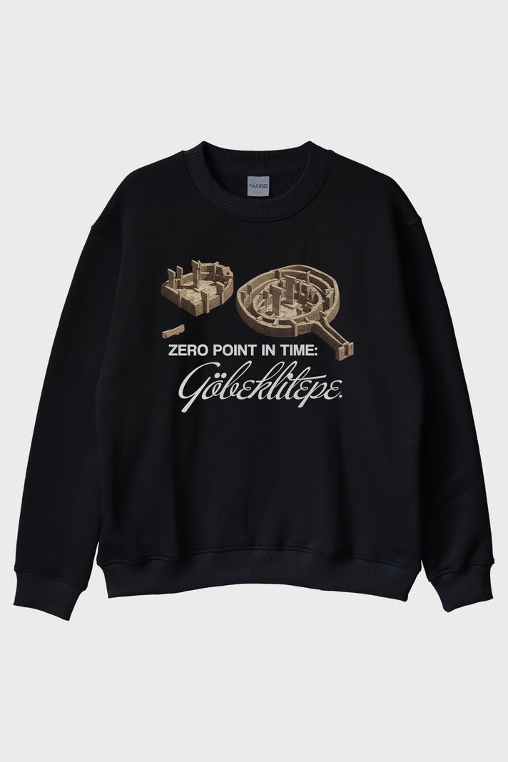 Göbeklitepe Tasarımlı Siyah Bisiklet Yaka Sweatshirt