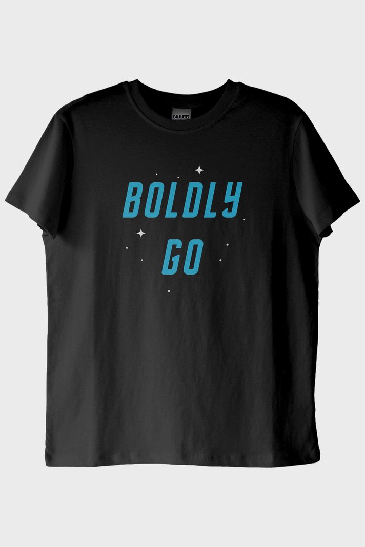 Boldly Go Baskılı Uzay Temalı Siyah Tişört