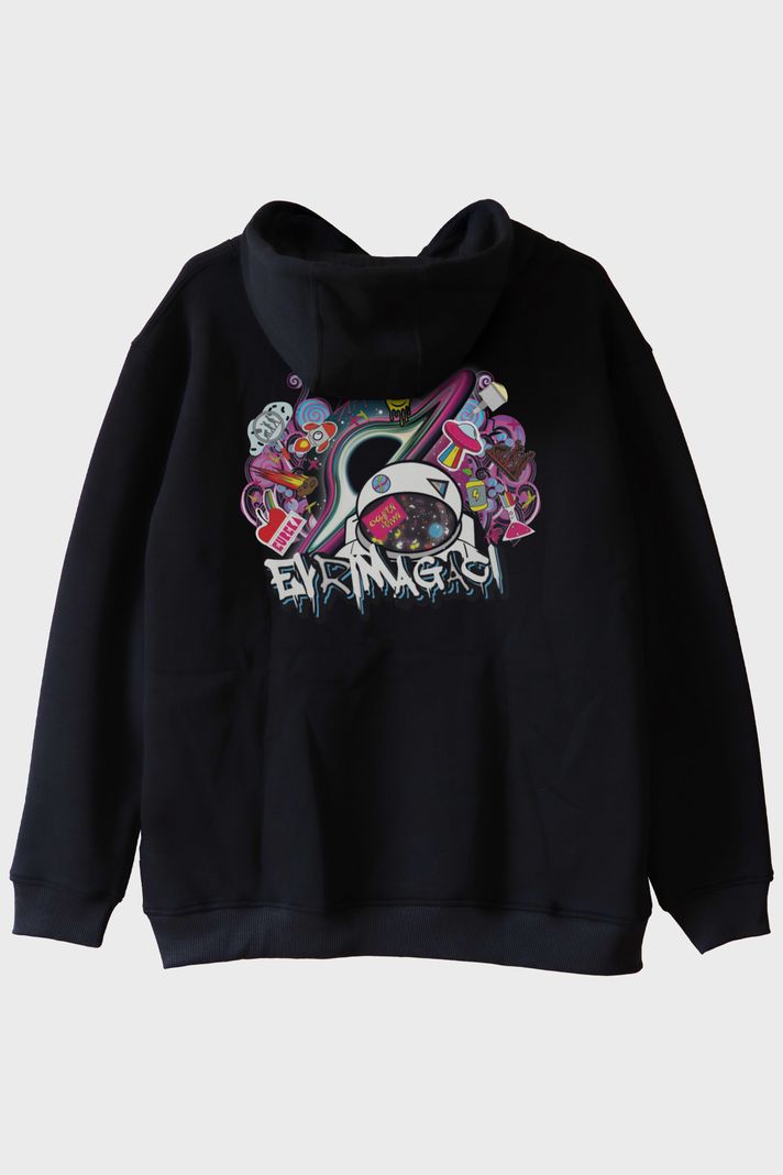 Astronot Evren Temalı Baskılı Bilim Siyah Hoodie