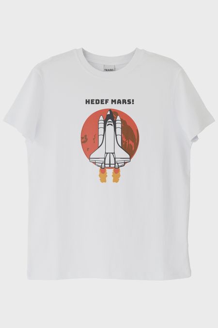 HEDEF MARS! Baskılı Uzay Temalı Beyaz Tişört