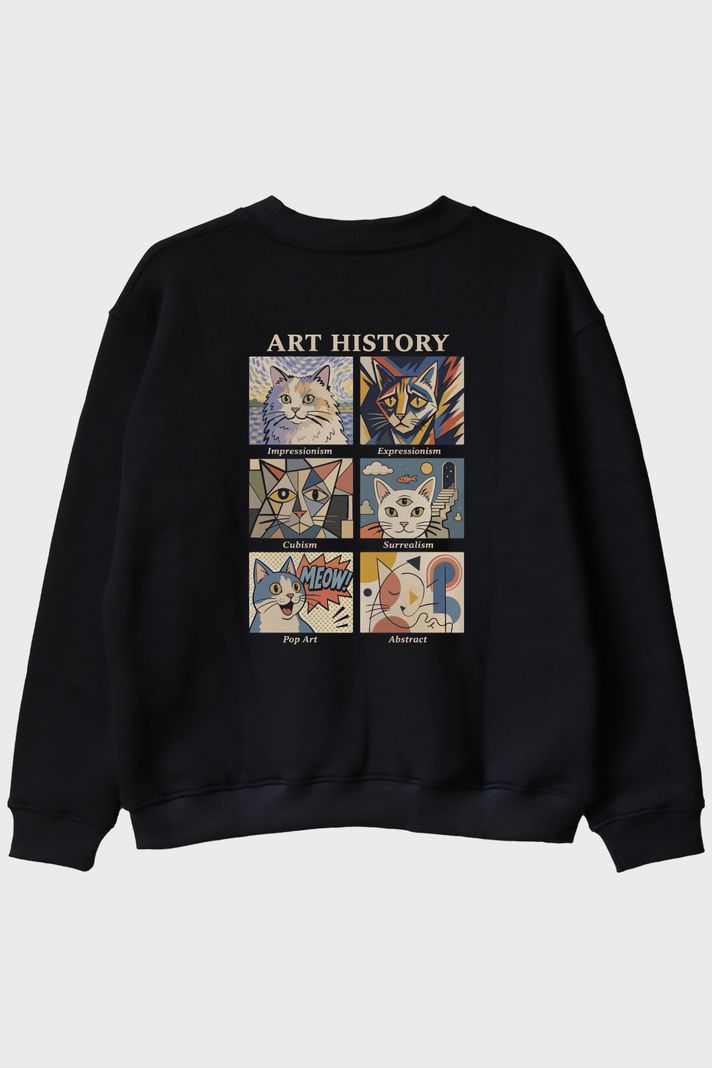 Feline Art History Siyah Bisiklet Yaka Sweatshirt