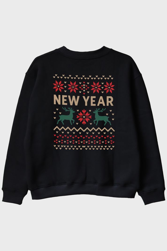 Yeni Yıl Motifli Siyah Bisiklet Yaka Sweatshirt