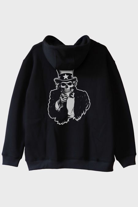 Şapkalı İskelet Baskılı Siyah Hoodie