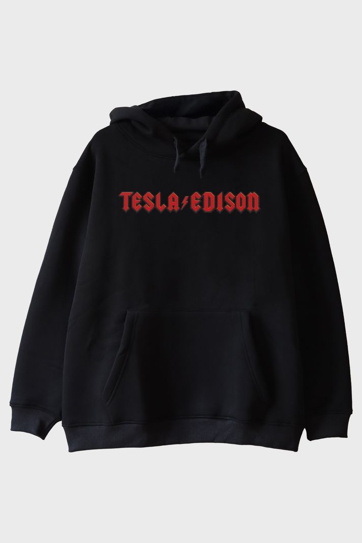 TESLA/EDISON Yıldırım Baskılı Gotik Tasarım Siyah Hoodie