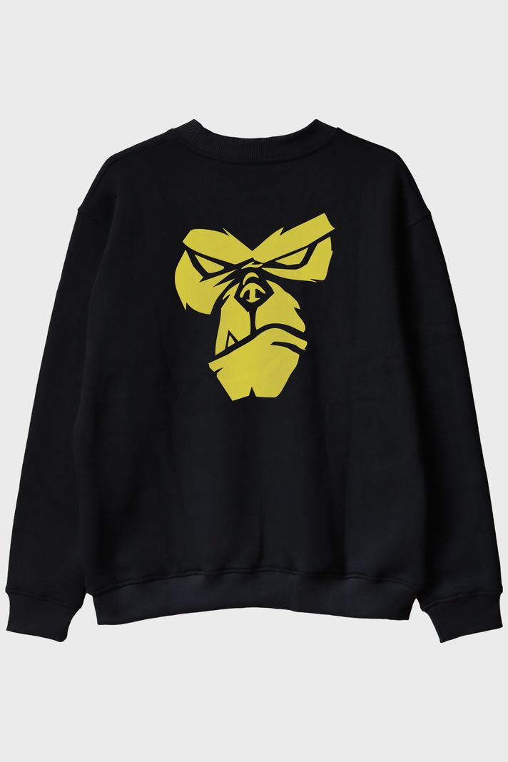 Zemin Üzerine Parlak Sarı Goril Yüzü Baskılı Siyah Bisiklet Yaka Sweatshirt