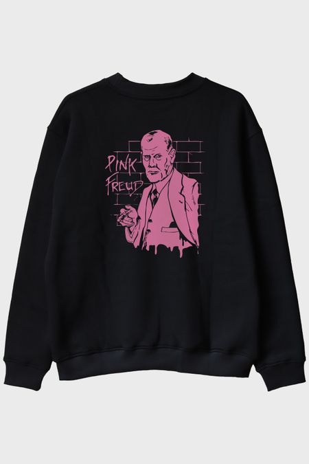 Pink Freud Baskılı Mizahi Tasarım Siyah Bisiklet Yaka Sweatshirt