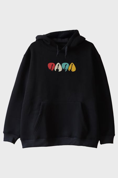 Renkli Gitar Penası Baskılı Siyah Hoodie