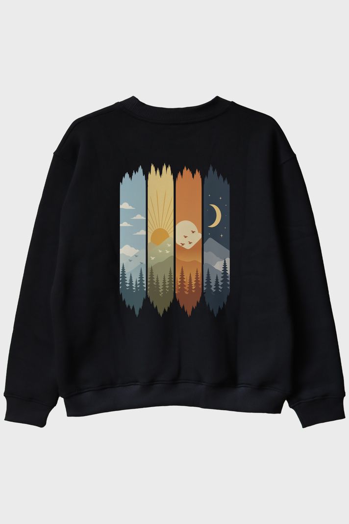 Günün Döngüsü Siyah Bisiklet Yaka Sweatshirt