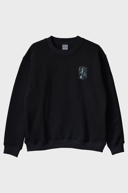 Valkyrie Figürlü Siyah Bisiklet Yaka Sweatshirt