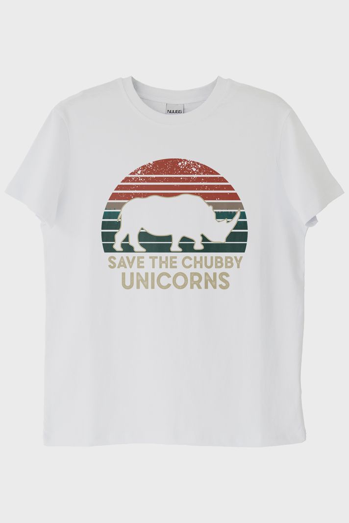 Save the Chubby Unicorns Retro Gergedan Baskılı Beyaz Tişört